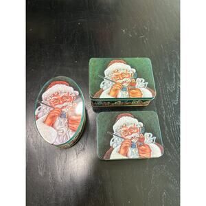 Set of 3 - 90s Holiday Santa Toys hunter Green decorative tin - cottage retro
